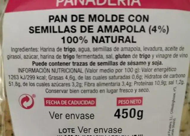 Pan de molde con semillas de amapola nutrition facts table