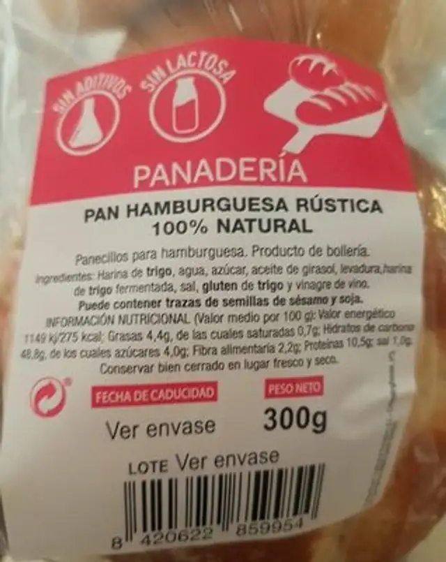 Pan hamburguesa rústica 100% natural nutrition facts table
