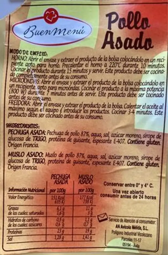 Pechuga Pollo Asada nutrition facts table