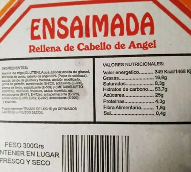 Ensaimada rellena de cabello de angel nutrition facts table