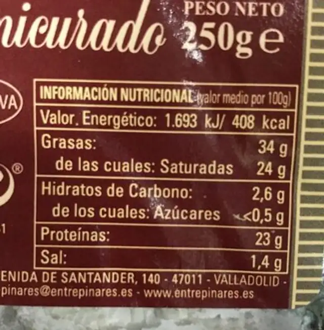 queso semicurado nutrition facts table