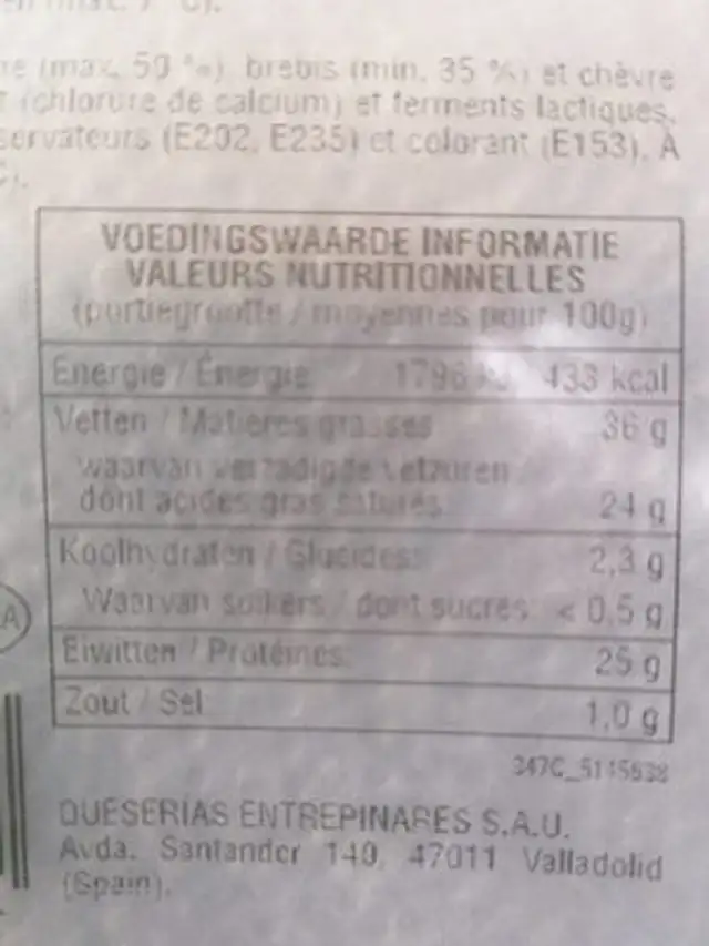 Semicurado nutrition facts table