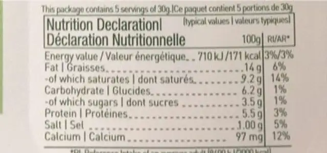 Soft cheese nutrition facts table