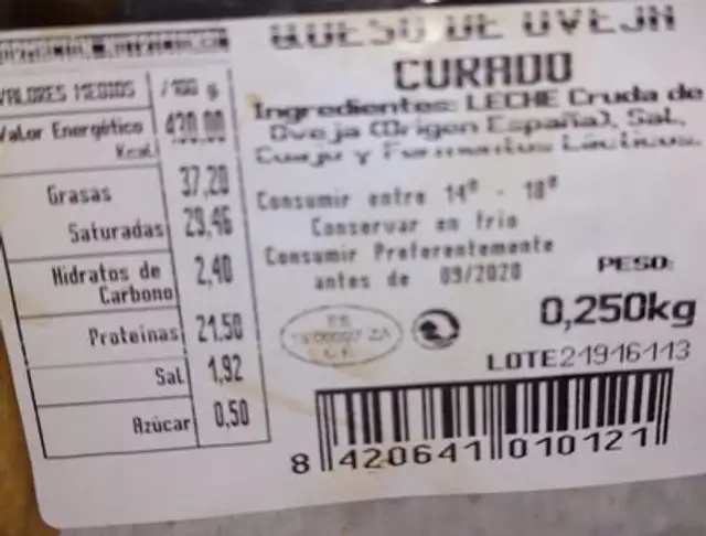 Queso de oveja nutrition facts table