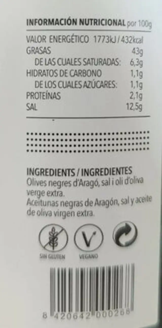 Aceitunas negras con hueso arrugadas nutrition facts table