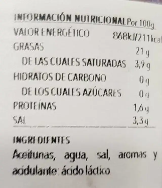 Aceitunas con hueso nutrition facts table