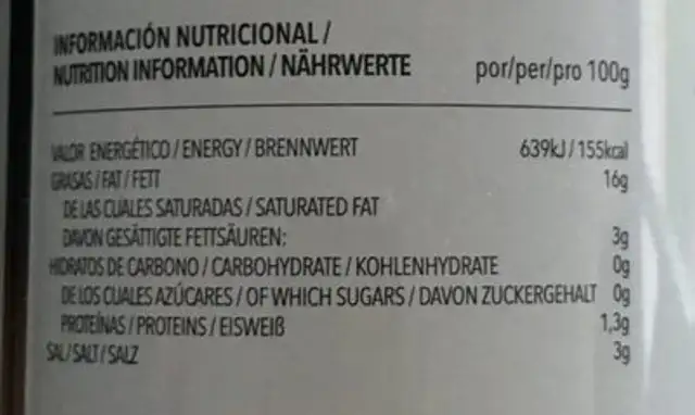 Aceitunas Verdes rellenas de anchoas nutrition facts table