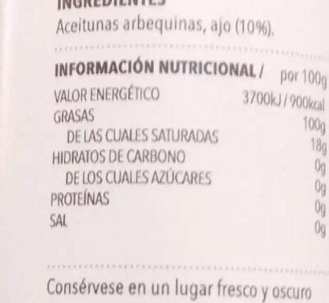 Condimento a base de aceite de oliva arbequina y ajo nutrition facts table