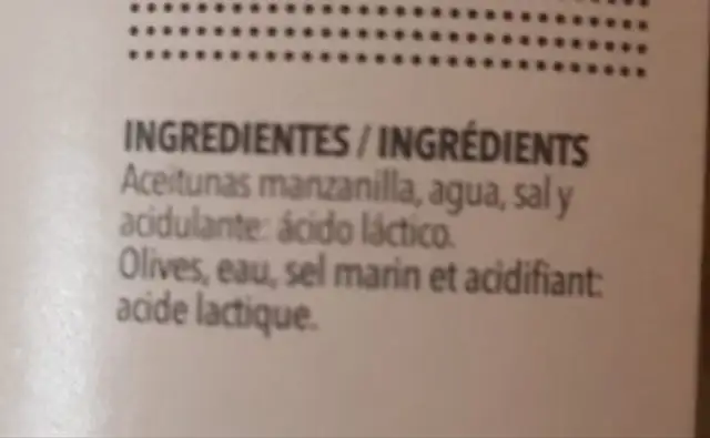 Aceitunas con hueso ingredients label