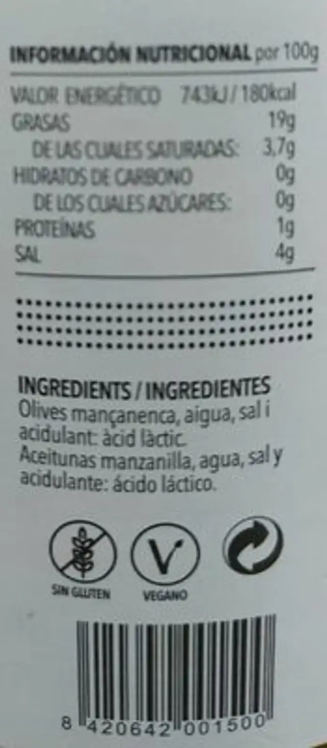 Aceitunas con hueso nutrition facts table