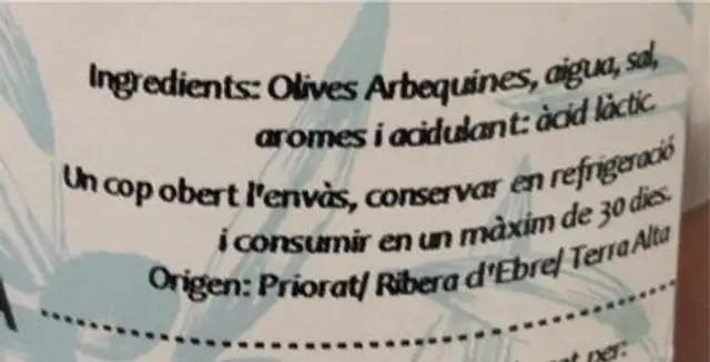 Olivas nutrition facts table