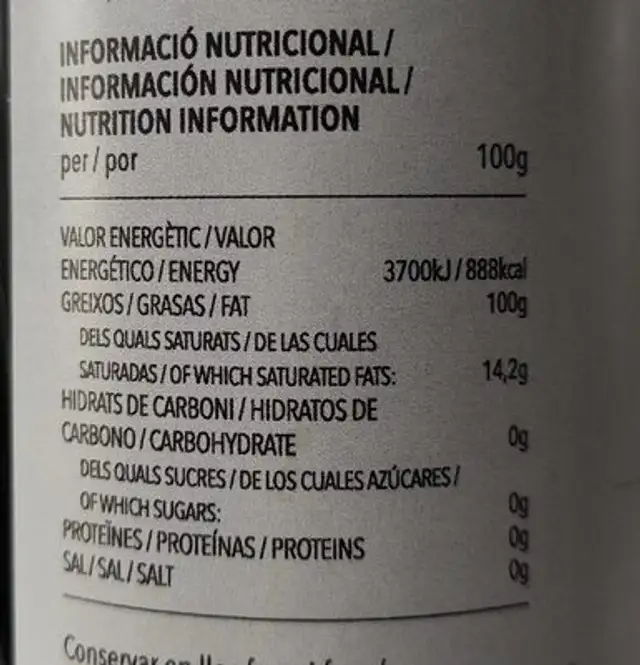 Aceite de Oliva Virgen Ecológica nutrition facts table