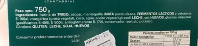 Sobaos con Mantequilla nutrition facts table