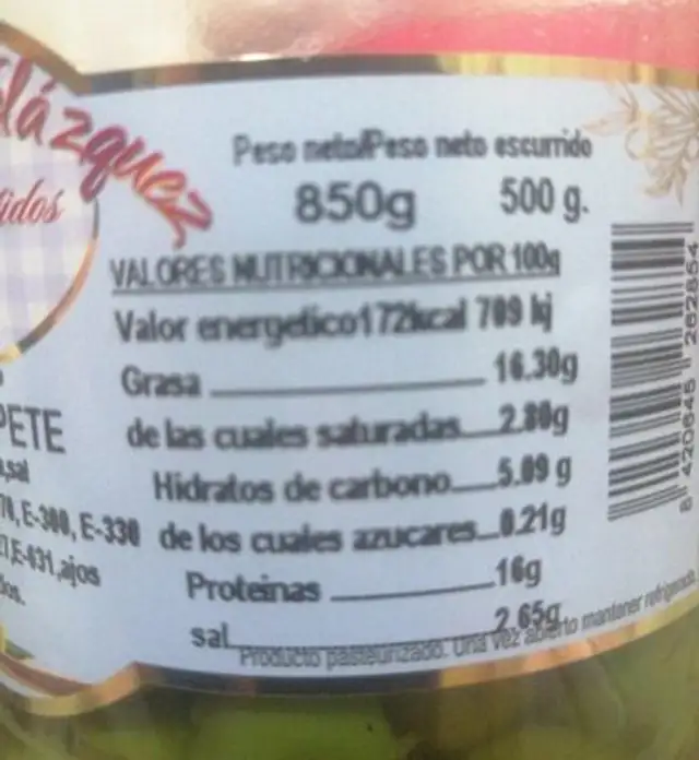 Aceitunas verdes nutrition facts table