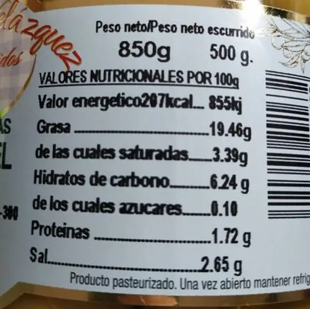 Manuel Pedraza Velázquez aceitunas y encurtidos nutrition facts table