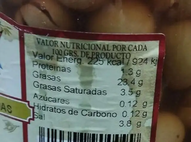 Aceitunas naturales Quiles nutrition facts table