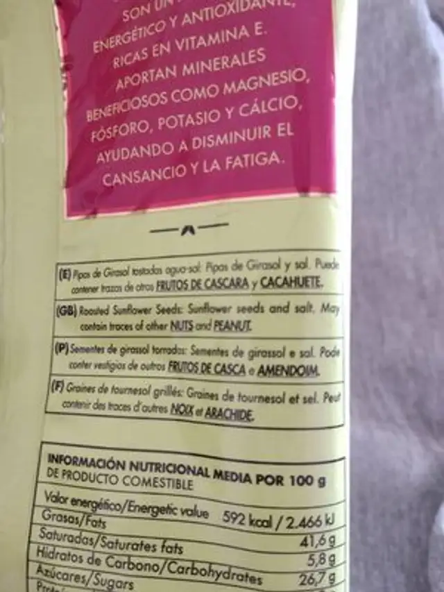 Pipas de girasol ingredients label