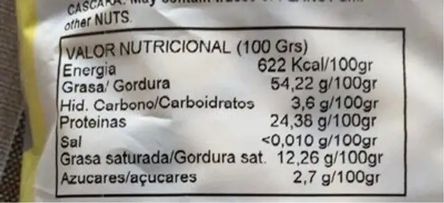 Almendra pelada natural nutrition facts table