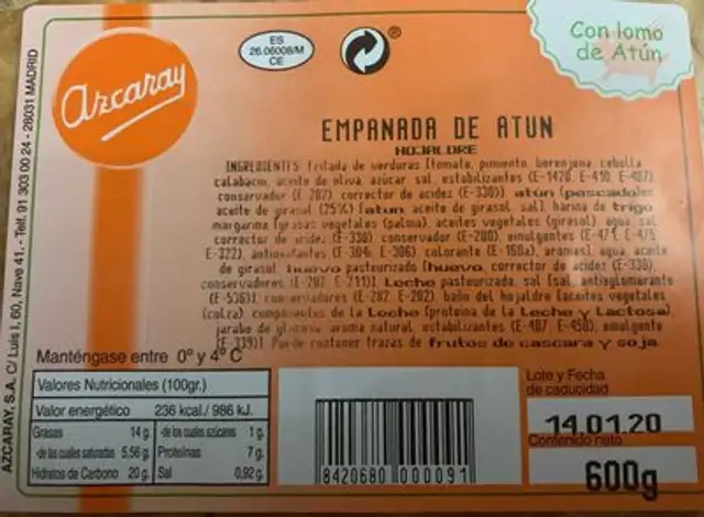 Empanada de atún nutrition facts table