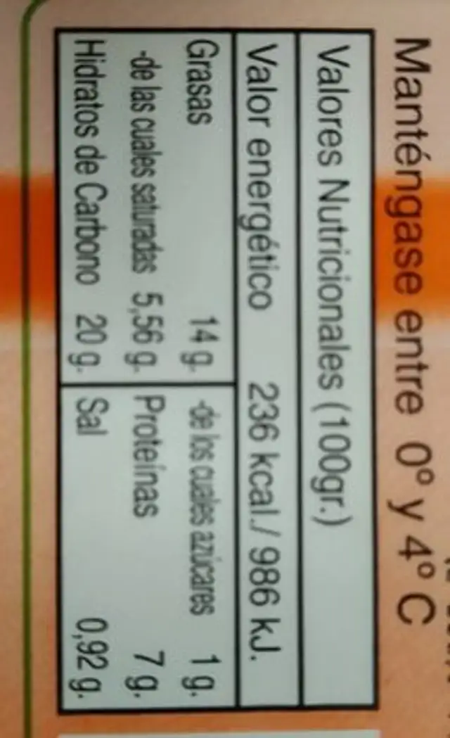 Empanada de atún nutrition facts table