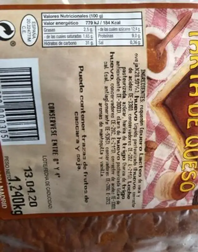 Tarta de queso JL nutrition facts table