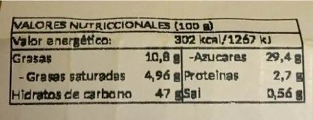 Bayonesa nutrition facts table