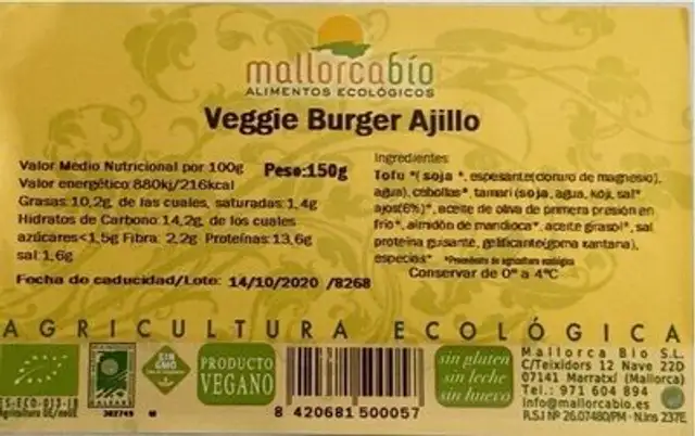 Veggie Burger Ajillo nutrition facts table