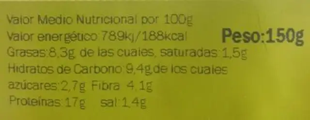 Veggie Burger calabaza y pasas nutrition facts table