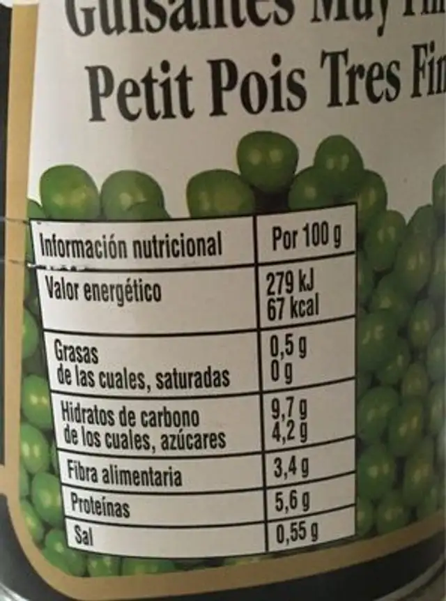 Bai guisantes nutrition facts table