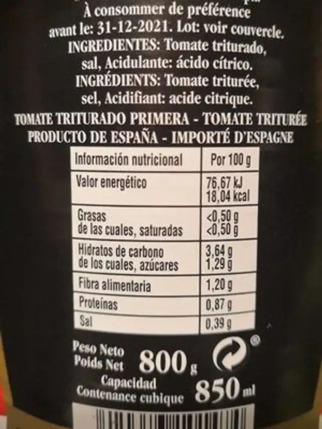 Tomate triturée nutrition facts table