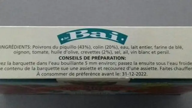 Farcis colins et crevettes ingredients label