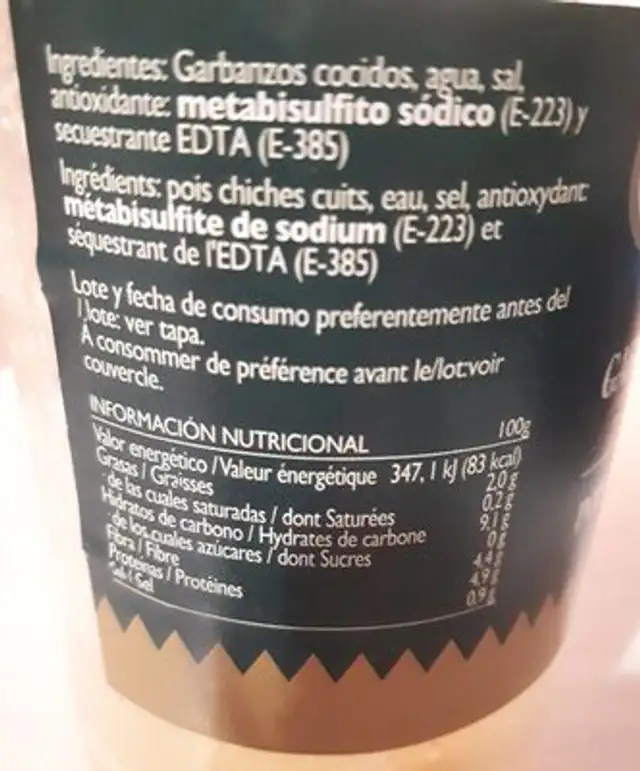 Pois chiches cuits - Garbanzos cocidos extra nutrition facts table