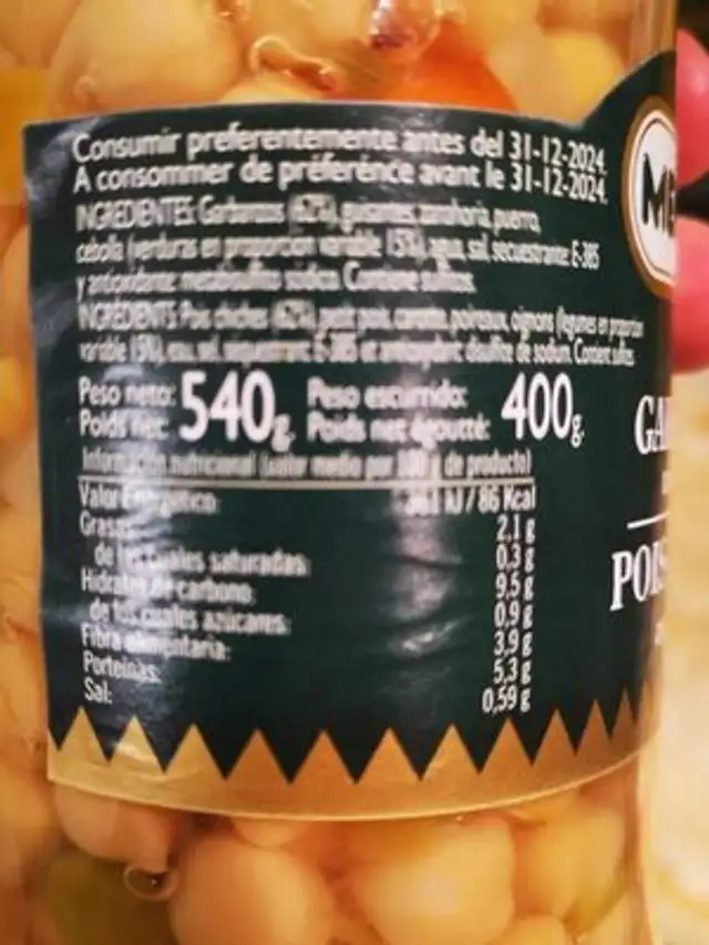 Pois chiches aux legumes nutrition facts table