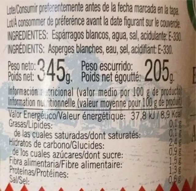 Esparragos blancos nutrition facts table