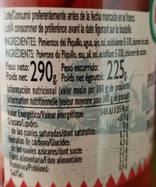 Pimientos del Piquillo al Ajillo primera nutrition facts table