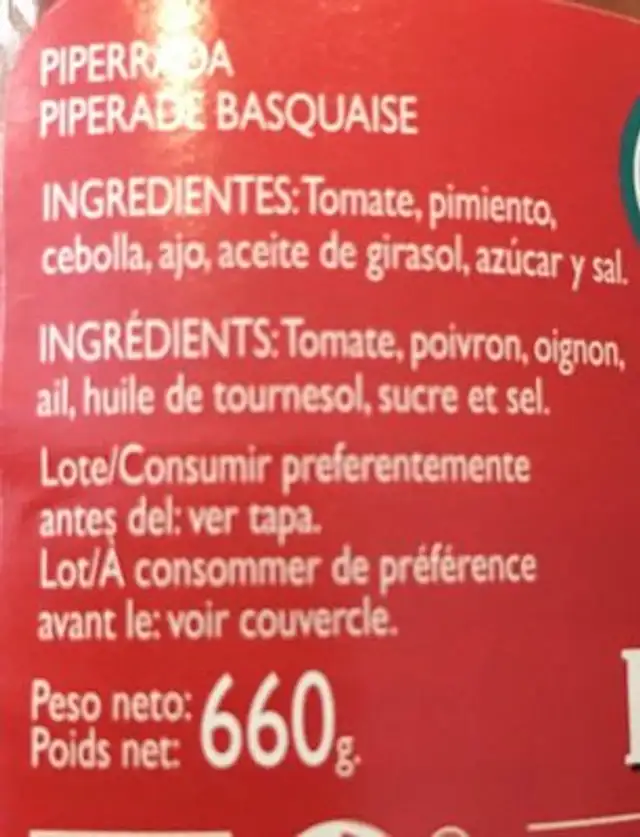 Piperrade basquaise ingredients label
