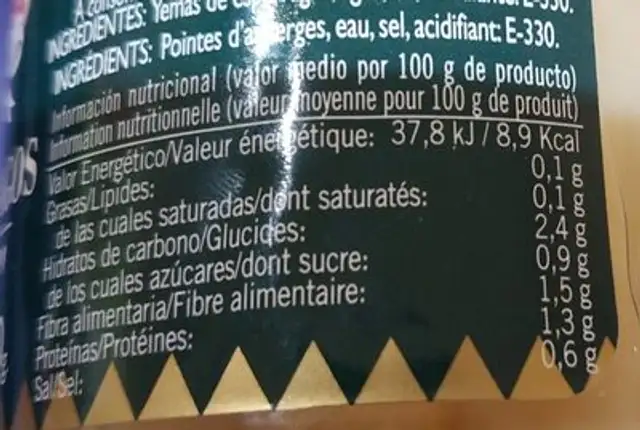 YEMAS DE ESPARRAGOS nutrition facts table