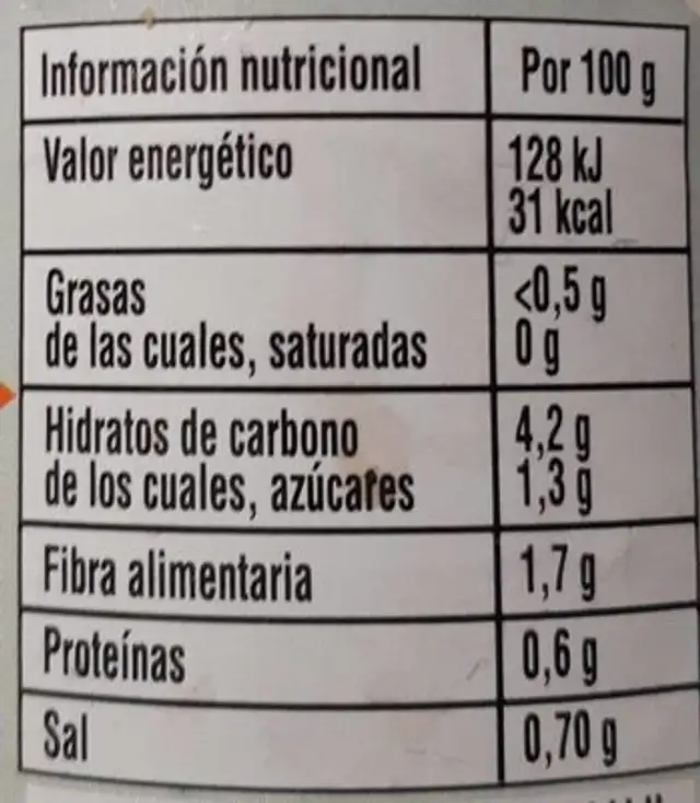 Zanahoria rallada primera nutrition facts table