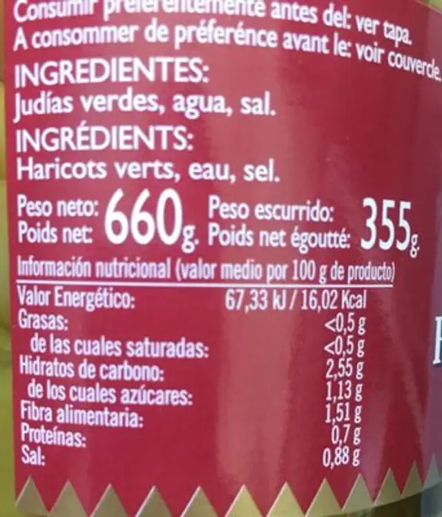 Judias verdes- harricots verts ingredients label