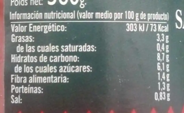 Tomate frito nutrition facts table