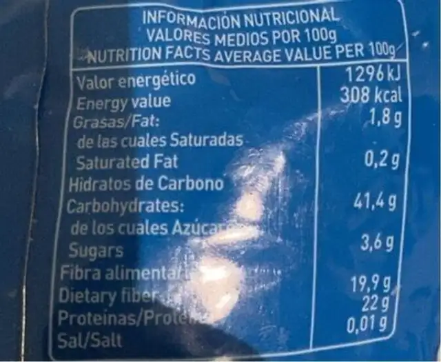 La Cochura nutrition facts table