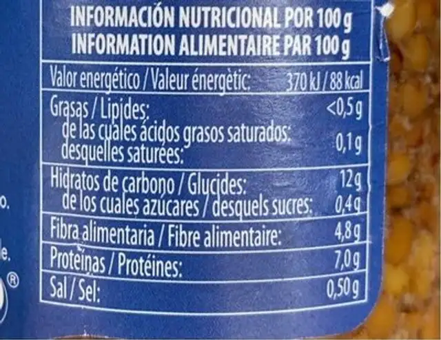 Lentejas extra nutrition facts table