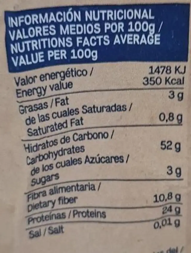 Lenteja pardina Eco nutrition facts table