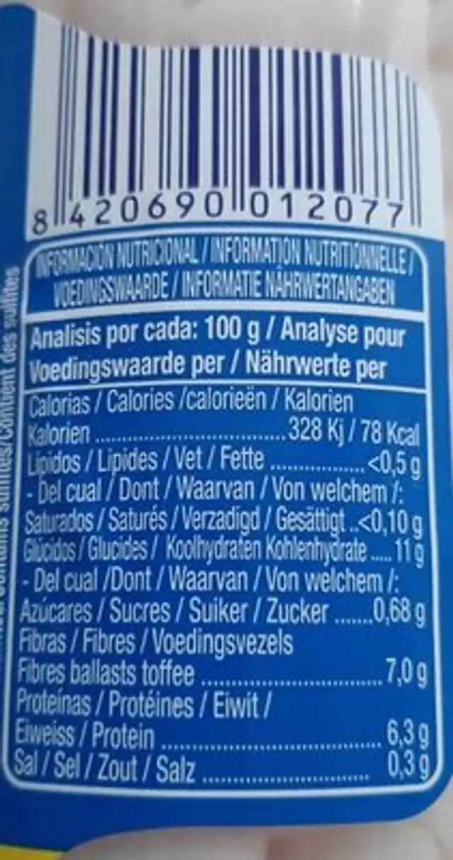 Alubias blancas nutrition facts table