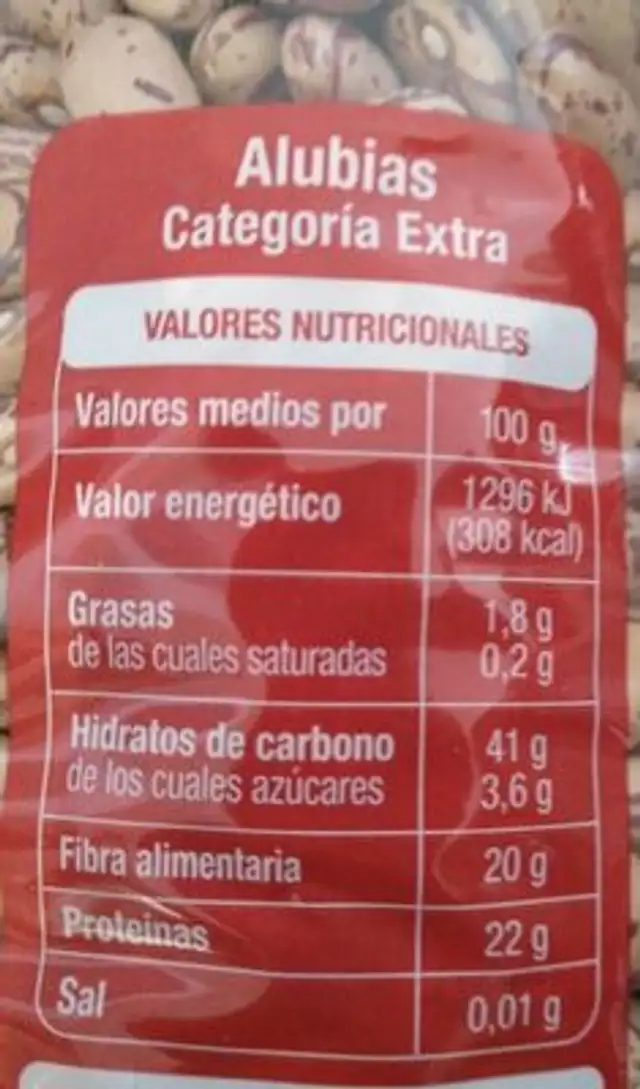 Alubia Pinta nutrition facts table