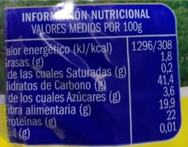 Frijol negro nutrition facts table