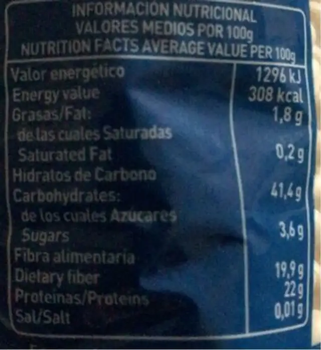 Alubias nutrition facts table