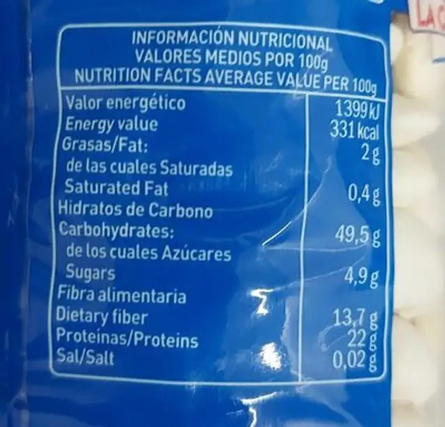 Alubia nutrition facts table