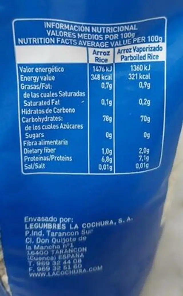 Arroz nutrition facts table