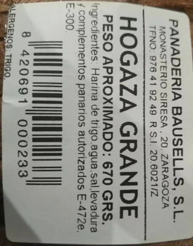 Hogaza grande nutrition facts table